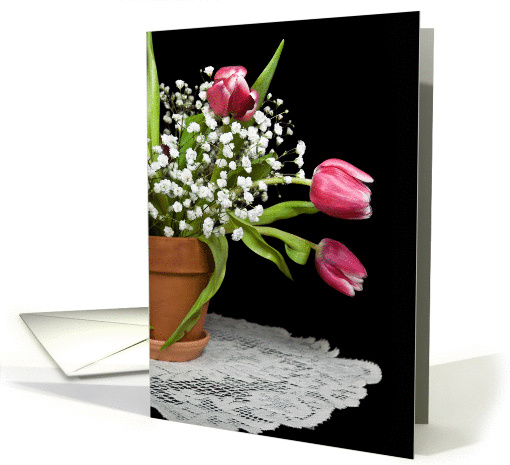 Birthday-tulips and baby's breath in clay pot with lace doily card