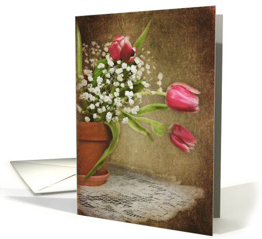 sympathy tulip bouquet in flower pot on lace doily card (793024)