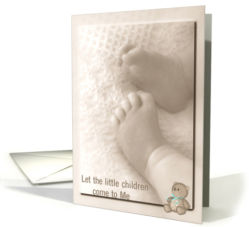 Baptism invitation baby feet with teddy bear in soft sepia card