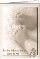 Baptism invitation baby feet with teddy bear in soft sepia card