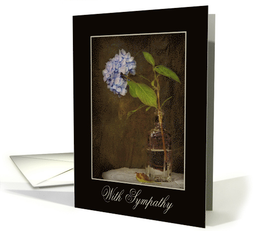 Sympathy hydrangea in a vintage bottle with black frame card (796132)