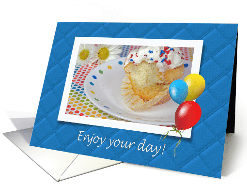 Birthday, bite of out of cupcake with daisies and balloons card