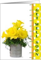 Get Well Soon daffodil bouquet in antique cup with polka dot border card