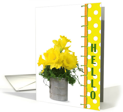 hello-, yellow daffodils in retro measuring cup card (803372)