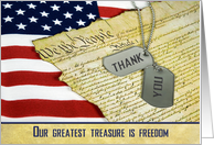Patriotic Thank You with military dog tags on flag card