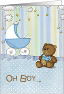 Baby Boy teddy bear with buggy and stars card