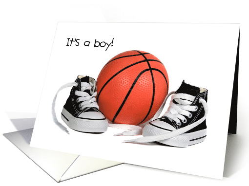 new baby boy congratulations, sneakers and basketball on white card