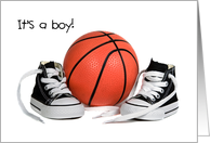 new baby boy congratulations, sneakers and basketball on white card