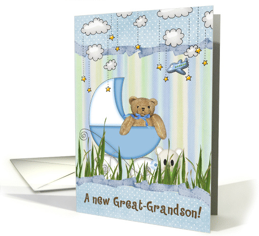 Teddy Bear In Buggy for New Great Grandson Congratulations card