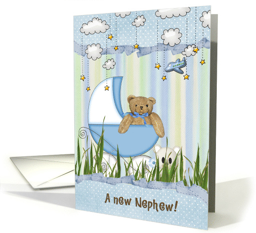 New Nephew, Brown Teddy Bear in Buggy with Stars and Clouds card