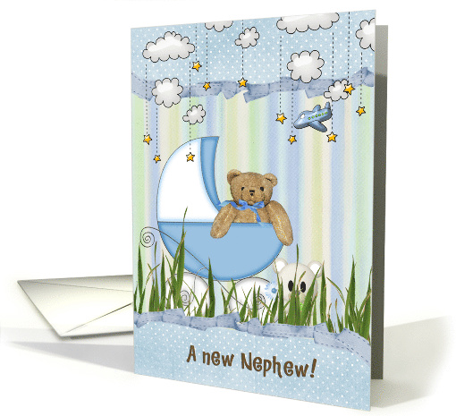 new nephew, brown teddy bear in buggy with star and clouds card