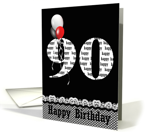 90th birthday balloon bouquet on black with gingham border card