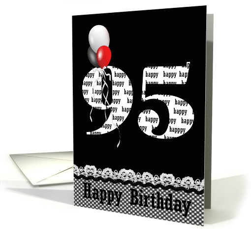 95th birthday, red, white and black balloon bouquet on black card