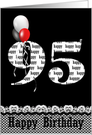 95th birthday, red, white and black balloon bouquet on black card