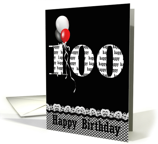 100th birthday red, white and black balloon bouquet on black card