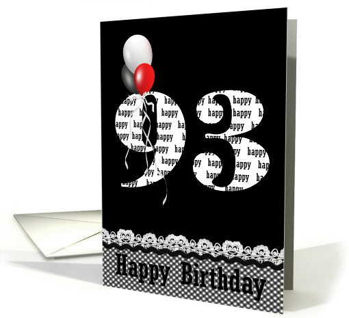 93rd Birthday-red, white and black balloon bouquet on black card
