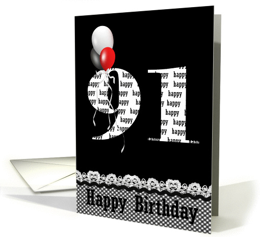 91st birthday-red, white and black balloon bouquet on black card