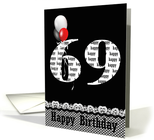 69th birthday balloon bouquet with bold text on black card (808902)