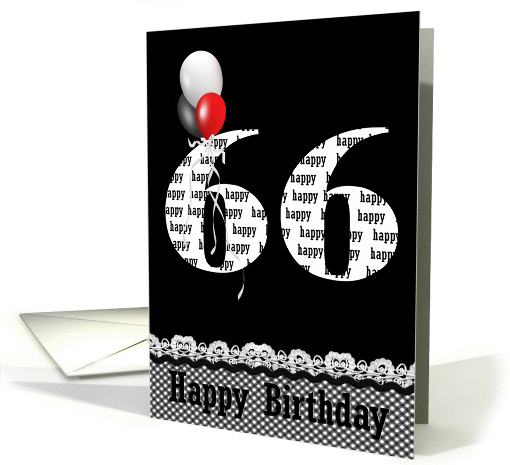 66th birthday-red, white and black balloon bouquet on black card