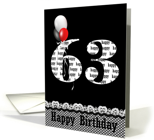 63rd birthday-red, white and black balloon bouquet on black card