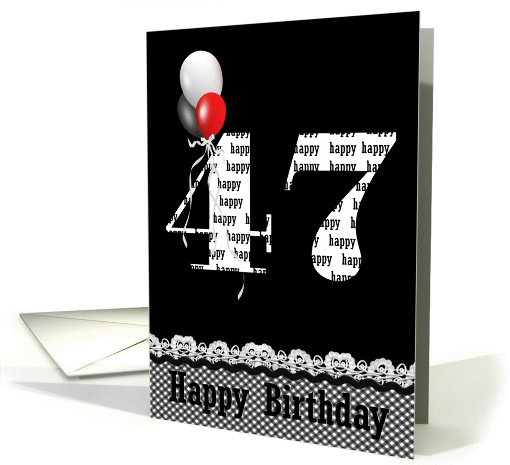 47th birthday-red, white and black balloon bouquet on black card