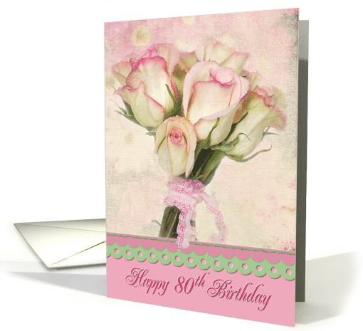 80th birthday, pink rose bouquet with gingham ribbon card (810882)