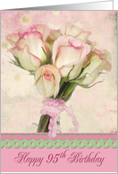 95th Birthday pink rose bouquet with ruffled ribbon card