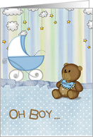 new baby boy-teddy bear with polka dots and humor for sister card