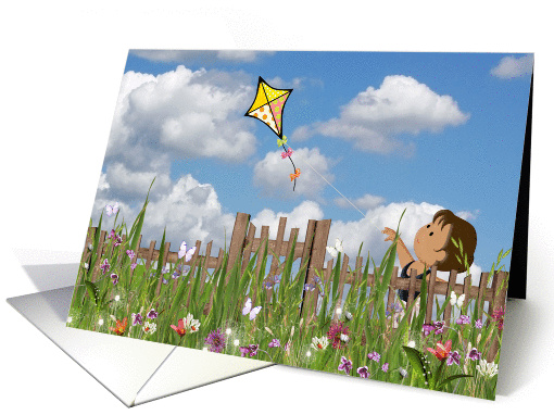 miss you-little girl flying a kite by a wooden fence with... (811674)
