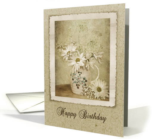 birthday-daisy and Queen Anne's Lace bouquet in old pitcher card