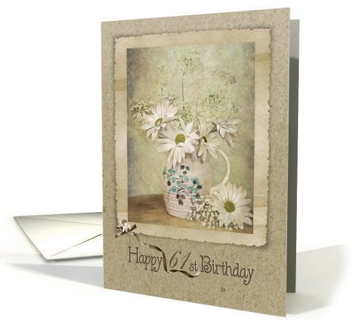 61st birthday-daisy bouquet in vintage pitcher and snapshot frame card