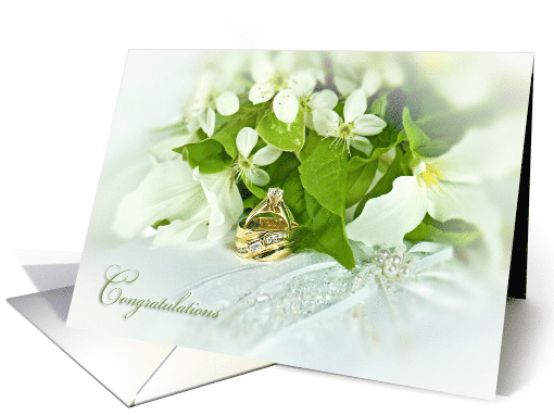 trillium wedding bouquet with gold rings on satin pillow card (814079)