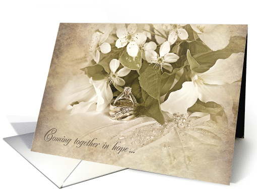 Son's Wedding, rings with trillium bridal bouquet on pillow card