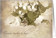 Son’s Wedding, rings with trillium bridal bouquet on pillow card