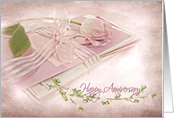 Anniversary for wife, pink tulip on stack of greeting cards
