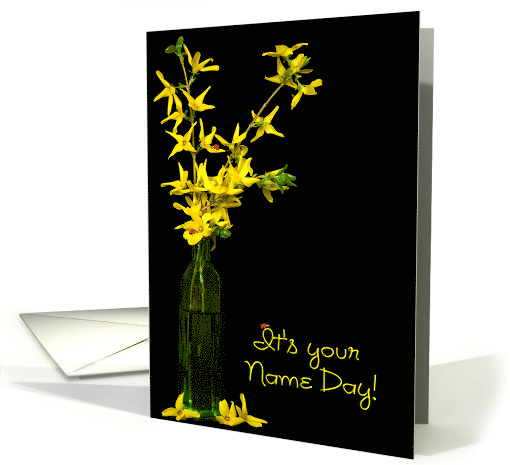 Name Day yellow forsythia bouquet in green vase with lady bugs card