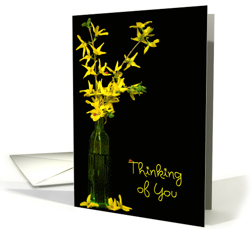 thinking of you, lady bugs on forsythia bouquet in green vase card