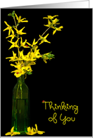 thinking of you, lady bugs on forsythia bouquet in green vase card