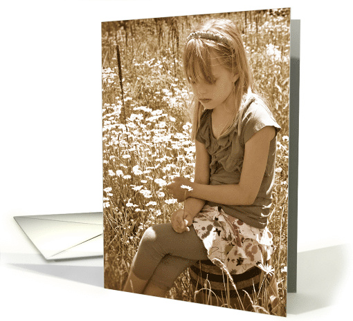 thinking of you for friend, girl holding a daisy in meadow card