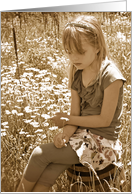 thinking of you for friend, girl holding a daisy in meadow card