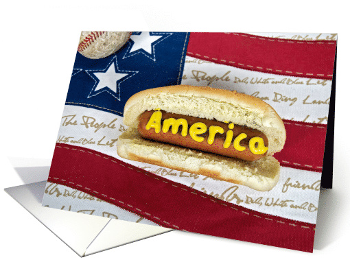 Memorial Day hot dog and baseball on patriotic flag card (819384)