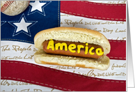 Memorial Day hot dog and baseball on patriotic flag card
