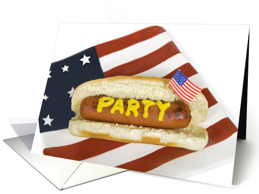 birthday party invitation, hot dog on a bun with American flag card
