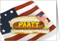 birthday party invitation, hot dog on a bun with American flag card