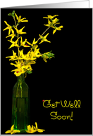 Get Well Soon, forsythia in vase with lady bugs on black card