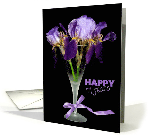 71st birthday purple iris bouquet in glass on black card (821759)