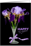 72nd birthday purple iris bouquet in glass on black card
