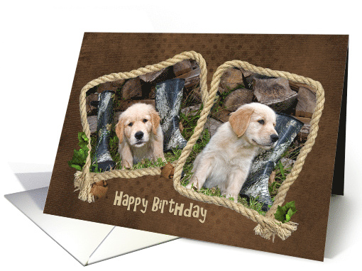 golden retriever puppy photos in rope frame with hunting boots card