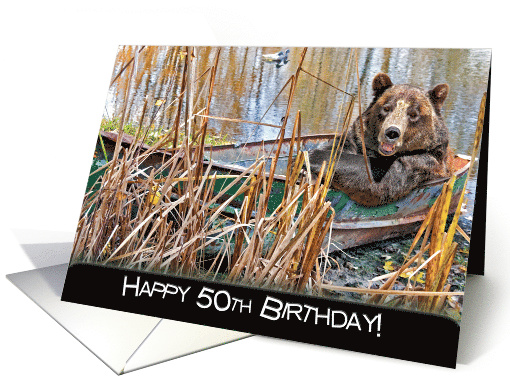 50th birthday bear in rusty row boat by pond card (828959)