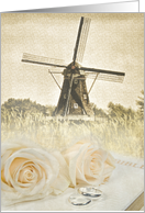 Wedding Congratulations, roses on Bible with Dutch windmill background card